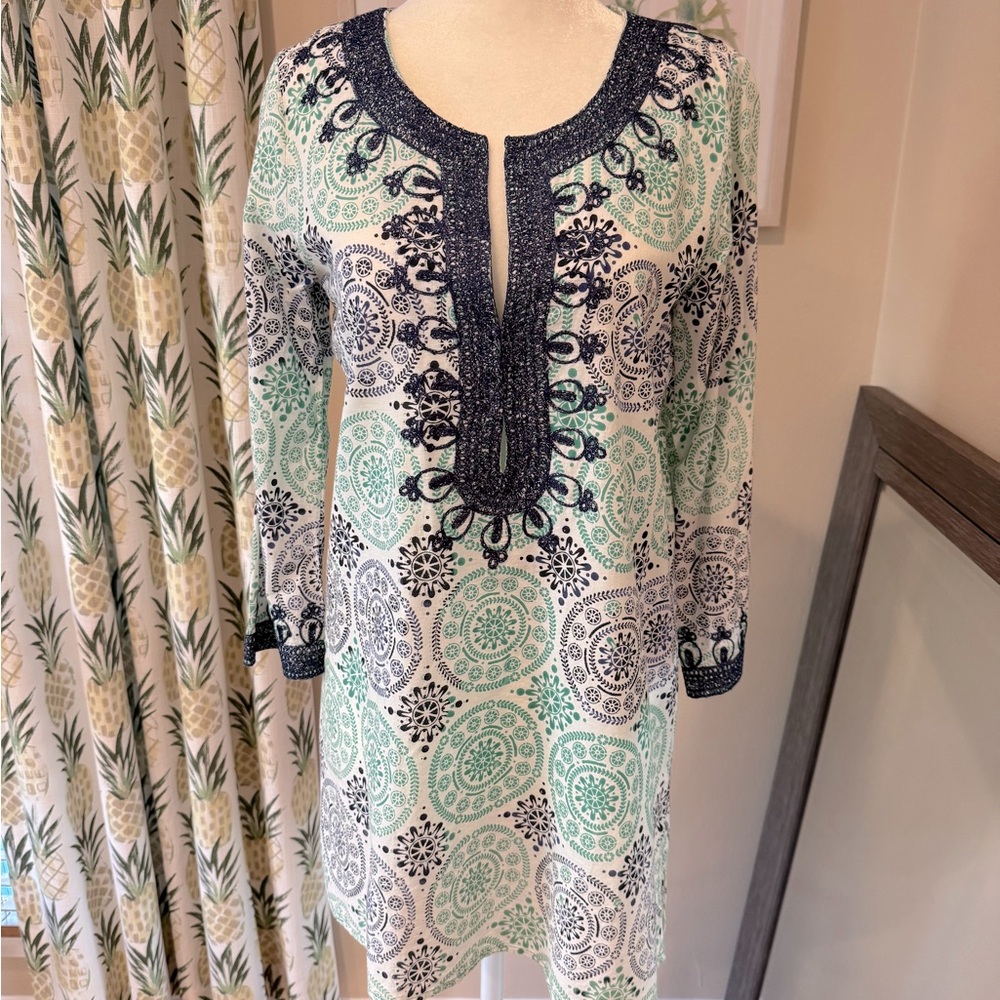 CALYPSO Blue Tunic Top Beach Coverup 3/4 Sleeve Resort Embroidered Boho Size XS